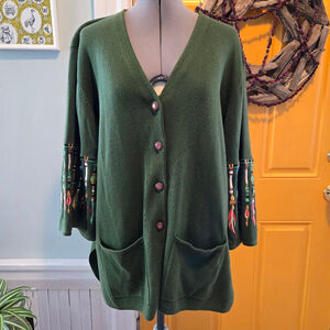 Bob Mackie XL Green Embroidered Dream Catcher Cardigan Sweater Women's